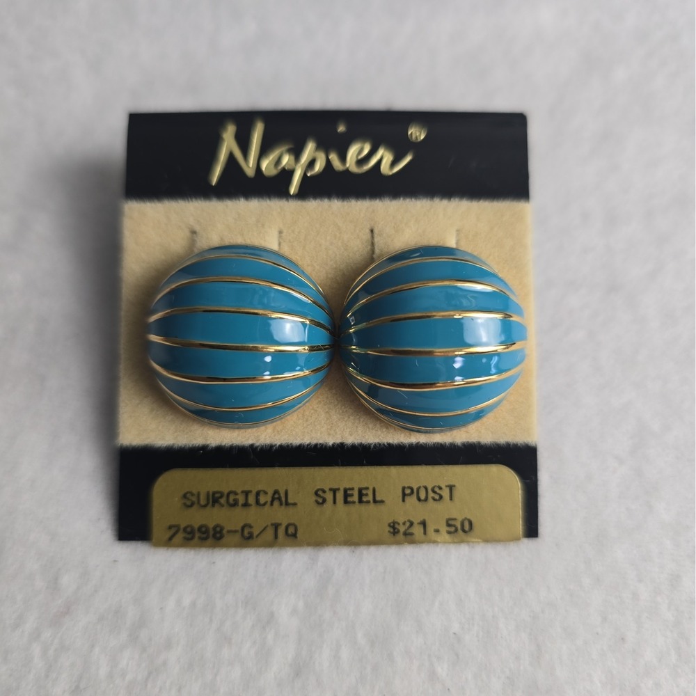 Vintage Napier Blue Enamel Dome Circular Gold Stripe Earrings Retro Statement
